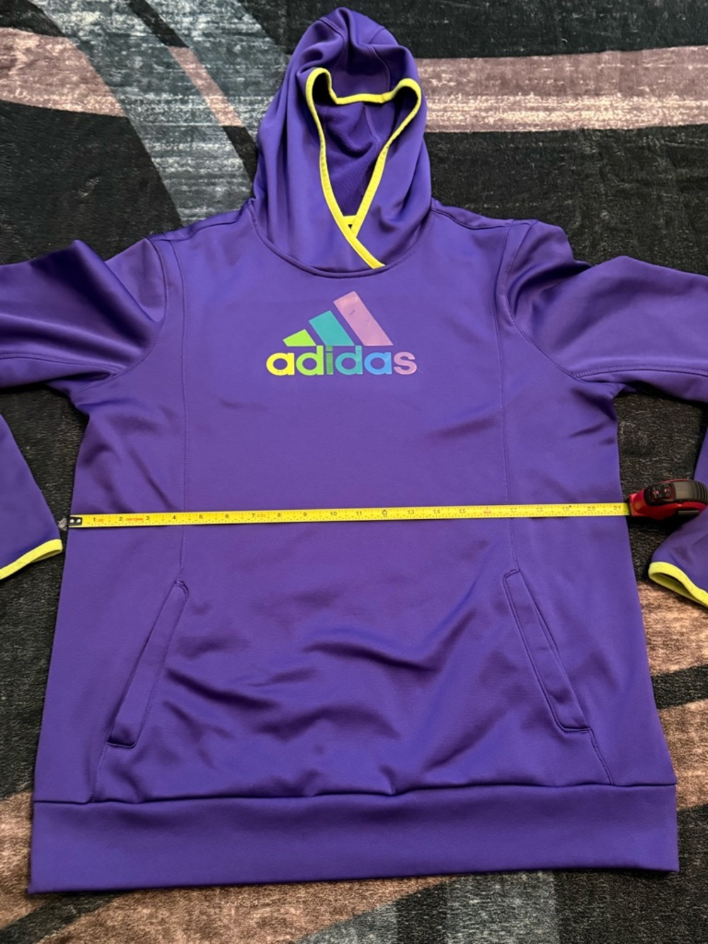 Adidas Purple Hoodie with Neon Green Trim and Multicolor Logo